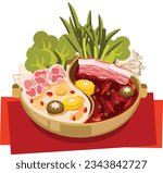 Chinese Spicy Mala Hotpot, two flavor soup. close up view on white Backkground vector illustration