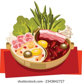 Chinese Spicy Mala Hotpot, two flavor soup. close up view on white Backkground vector illustration