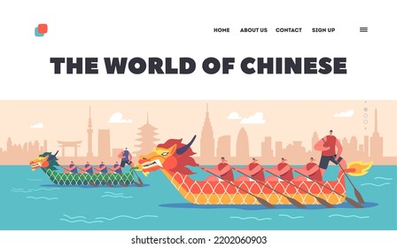 Chinese Sport Competition Landing Page Template. Sportsmen Rowing on Boat Dragon, Oriental Activity, Championship Water Sports Games. Teams Row on Green and Red Boats. Cartoon Vector Illustration