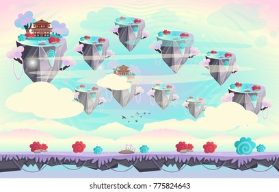 Chinese spring pagoda on a mountain. Cartoon vector illustration. Seamless background for computer games