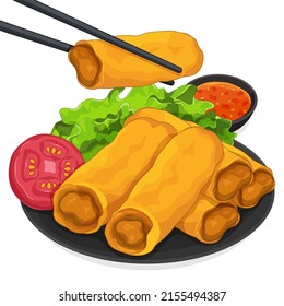 Chinese spring rolls fried (Lumpia) with green lettuce and tomato isolated illustration vector.