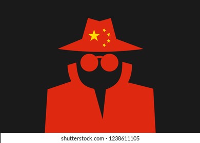 Chinese spy is doing espionage - surveillance and control made by China. Intelliegence agency and secret police in the country. Vector illustration