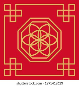 Chinese Square Pattern Frame. Chinese Style. Line Vector. Isolate On Red Background.