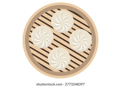 Chinese steamed dumplings dim sum in bamboo steamer basket flat vector illustration isolated on white background Asian food cartoon icon.