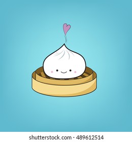 Chinese Steamed dumplings dim sum cartoon poster design on blue background, vector illustration.