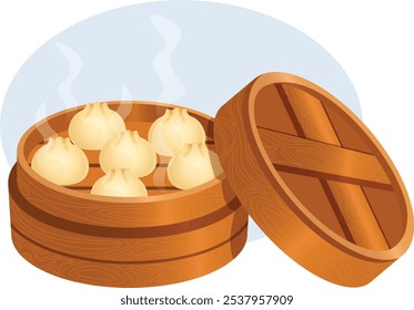 Chinese Steamed Dumplings in Wooden Steamer - Asian Cuisine Vector Art 