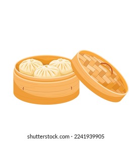 Chinese steamed pork bun dim sum on a bamboo tray, vector illustration