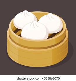 Chinese steamed pork bun dim sum on a bamboo tray, vector illustration