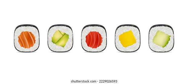 Chinese sticks with sushi roll, sake maki with fish salmon, tuna, avocado and cucumber, mango. Asian food.