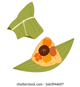 Chinese sticky rice dumpling or Zongzi isolated on white background. Cartoon hand drawn traditional Chinese rice dish, Asian food, dragon boat festival icon. Great for icon, symbol, logo, menu design.