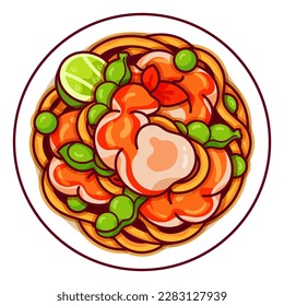 Chinese stir fry noodles with shrimp recipe illustration vector. Taiwanese dry noodles with shrimp food icon top view. Chow mein with shrimp or prawn view cartoon. Asian noodles food menu icon vector.