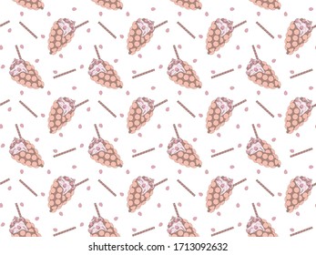 Chinese strawberry waffles seamless pattern with bubbles in the shape of eggs, crispy sticks and berries on a white background. Hong Kong wafers. Vector.