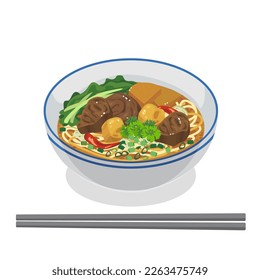 Chinese street food - beef brisket noodle soup in a bowl.