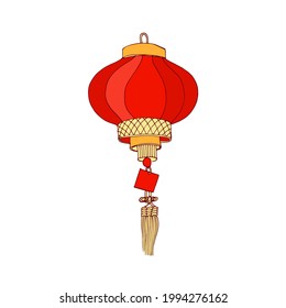 Chinese street lantern. Hanging decorative paper lamp with fringe and candle inside. Asian ceremonial religious light. Traditional festival decoration. Colored vector illustration isolated on white