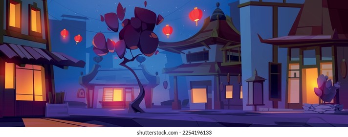 Calle china de noche. Dibujo vectorial de una pequeña ciudad o pueblo asiático con arquitectura de estilo oriental, acogedores edificios iluminados, lámparas tradicionales rojas. Distrito de Chinatown