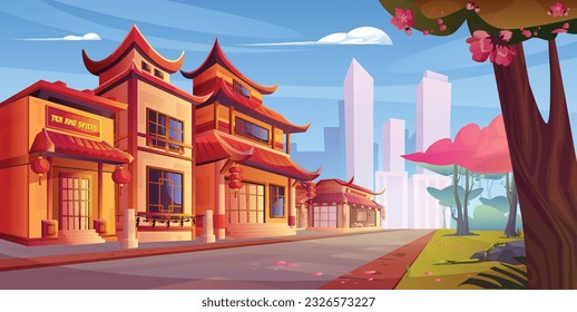 Chinese street with restaurant building in town cartoon background. Chinatown shop house traditional exterior with signboard in historic district. Malaysia business place near road to skyscraper