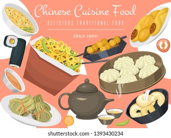 Chinese street, restaurant or homemade food ethnic menu vector illustration. Asian dinner dish plate. Traditional spicy appetizer snack poster. China cooking market or food festival culture.