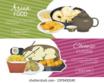 Chinese street, restaurant or homemade food ethnic menu banner vector illustration. Asian dinner dish plate. Traditional spicy appetizer snack poster. China cooking market or food festival culture.