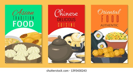 Chinese street, restaurant or homemade food ethnic menu cards vector illustration. Asian dinner dish plate. Traditional spicy appetizer snack poster. China cooking market or food festival culture.