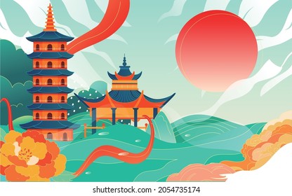 Chinese style ancient architecture city scenic spot illustration of Changsha landmark tourism poster