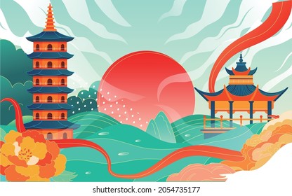 Chinese style ancient architecture city scenic spot illustration of Changsha landmark tourism poster