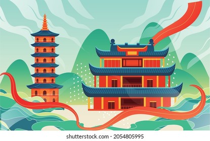 Chinese style ancient architecture city scenic spot illustration of Changsha landmark tourism poster