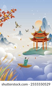 Chinese style ancient building boating poster