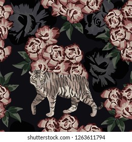 Chinese style animal tiger on the brown rose flowers background. Seamless pattern vector illustration