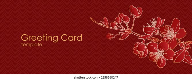 Chinese style backgroudswith sakura flowers. Cherry blossoms. Design for card, wedding invitation, cover, packaging, cosmetics. Red and golden colors.