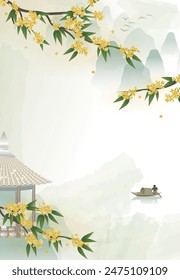 Chinese style background with osmanthus branches, distant mountains, awning boat and pavilion