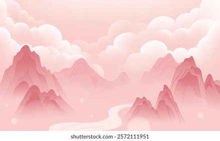 Chinese style banner design pink Chinese landscape painting