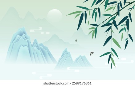 Chinese style banner illustrated with bamboo and landscape background
