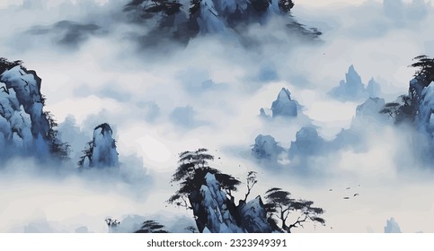 Chinese style blue artistic conception landscape illustration, water and mountain painting, abstract art landscape. vector