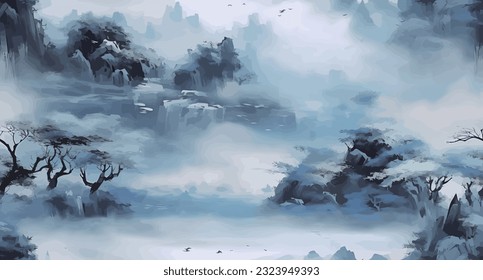 Chinese style blue artistic conception landscape illustration, water and mountain painting, abstract art landscape. vector