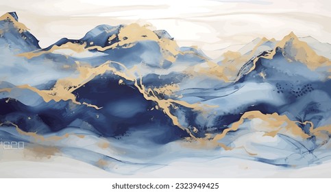 Chinese style blue artistic conception landscape illustration, water and mountain painting, abstract art landscape. vector