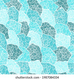 Nubes azules de estilo chino ondean un patrón sin fisuras, ornamento abstracto, fondo japonés. Ilustración vectorial en colores azules. Resumen de las olas marinas patrón de verano sin costura.