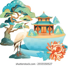 Chinese style bowl with buildings poster