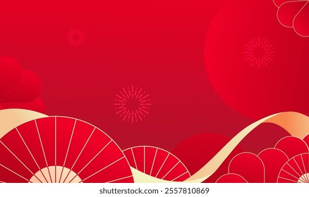 Chinese style celebrates the New Year with red background fan fireworks and yellow ribbons