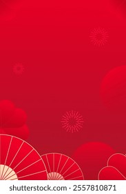 Chinese style celebrates poster the New Year with red background fan fireworks and yellow ribbons