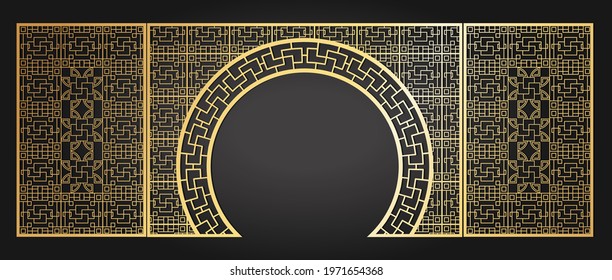 Chinese style classical luxury beautiful gold wedding gate. Gold festive birthday banquet stage. Solemn feast in a restaurant. Vector illustration.
