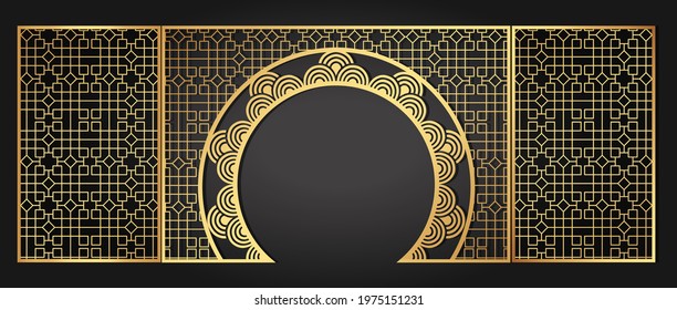 Chinese style classical luxury beautiful gold wedding gate. Gold festive birthday banquet stage. Solemn feast in a restaurant. Vector illustration.
