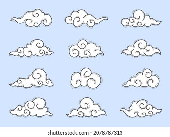 Nubes de estilo chino aisladas en un fondo azul. La forma libre y muchas nubes de forma son perfectas para el logotipo y los iconos de la decoración. Ilustración vectorial.