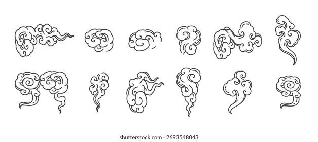 Chinese style clouds. Set of abstract black clouds isolated on white background, Engraving clouds. Oriental cloud art line vector icons. Japanese, Chinese, Thai. For tribal, tattoo or symbol logo.