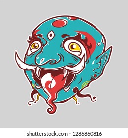 Chinese style demon. Fantasy character. The face of god with fire and stuck out tongue. Tribal illustration. Can be used as print or tattoo. 