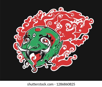 Chinese style demon. Fantasy character. The face of god with fire and stuck out tongue. Tribal illustration. Can be used as print or tattoo. 