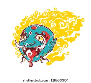 Chinese style demon. Fantasy character. The face of god with fire and stuck out tongue. Tribal illustration. Can be used as print or tattoo. 