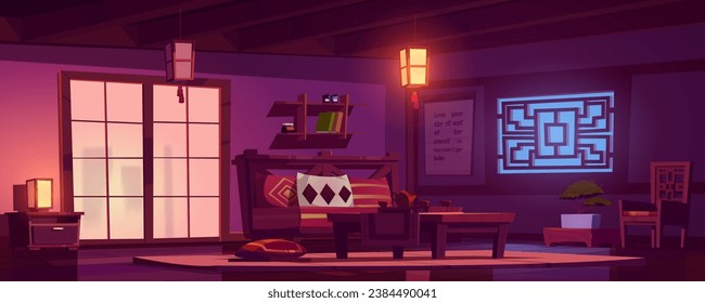 Chinese style design room in evening with table for tea ceremony under light of lanterns, door and window, sofa and traditional decorations. Cartoon vector illustration of home or cafe interior.