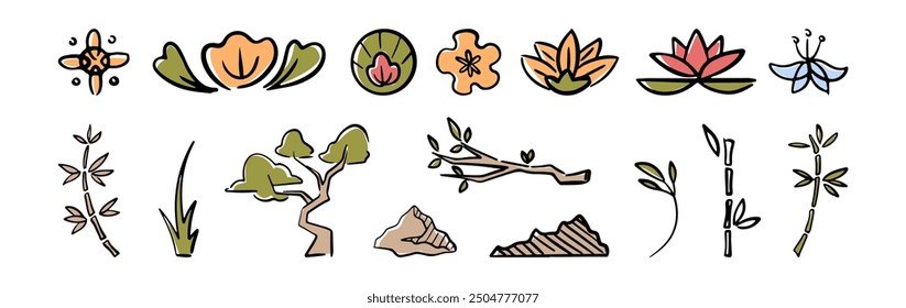 Chinese style doodles of nature, flowers and trees. Vector isolated flat cartoon lotus and bamboo, mountains and bonsai accessory. Traditional asian and oriental decorative elements and ornaments