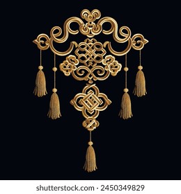 Chinese style embroidery gold 3d neckline design with braided knots and fringes. Traditional asian auspicious happy symbols. Beautiful ornate modern luxury lacy knotting ornaments. Surface texture.