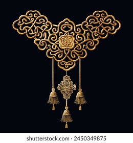 Chinese style embroidery gold 3d neckline design with braided knots and fringes. Traditional asian auspicious happy symbols. Beautiful ornate modern luxury lacy knotting ornaments. Surface texture.